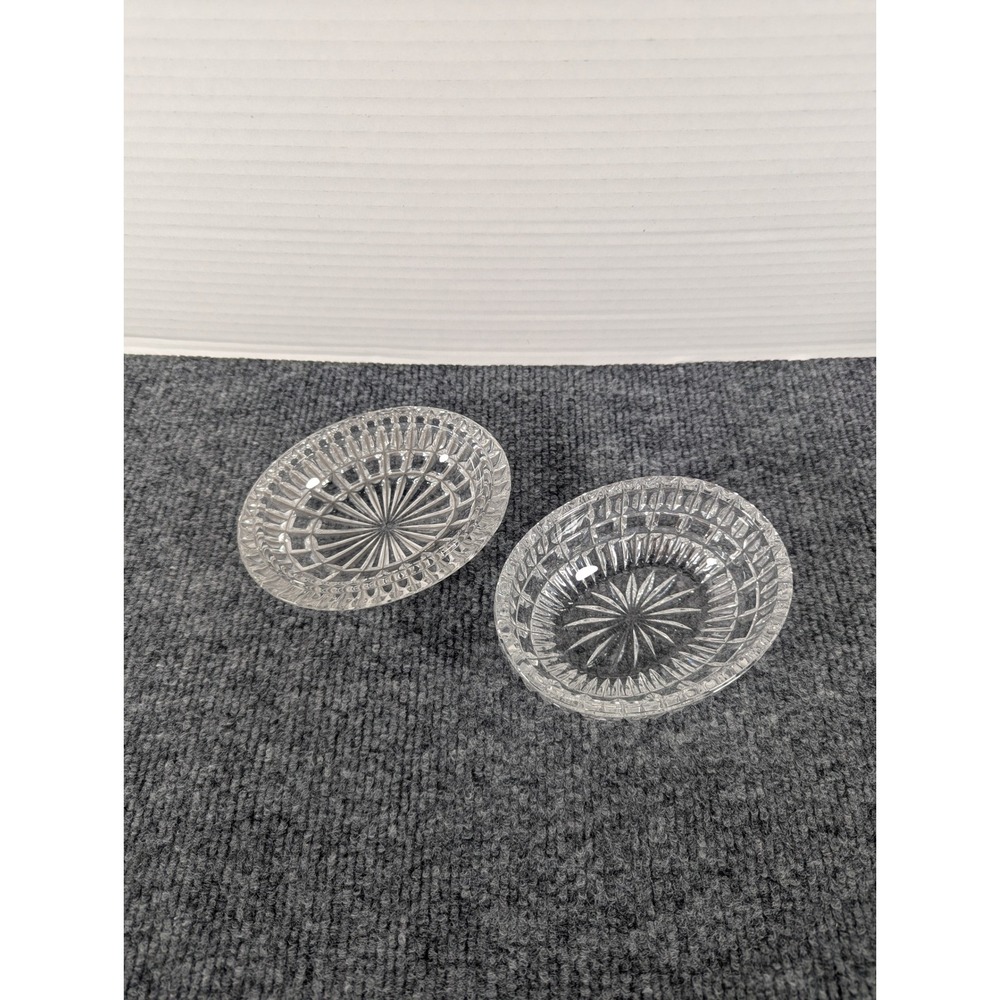 Vintage Cut Glass Oval Nut Candy Dishes Set of 2 Starburst Sawtooth Rim Clear
